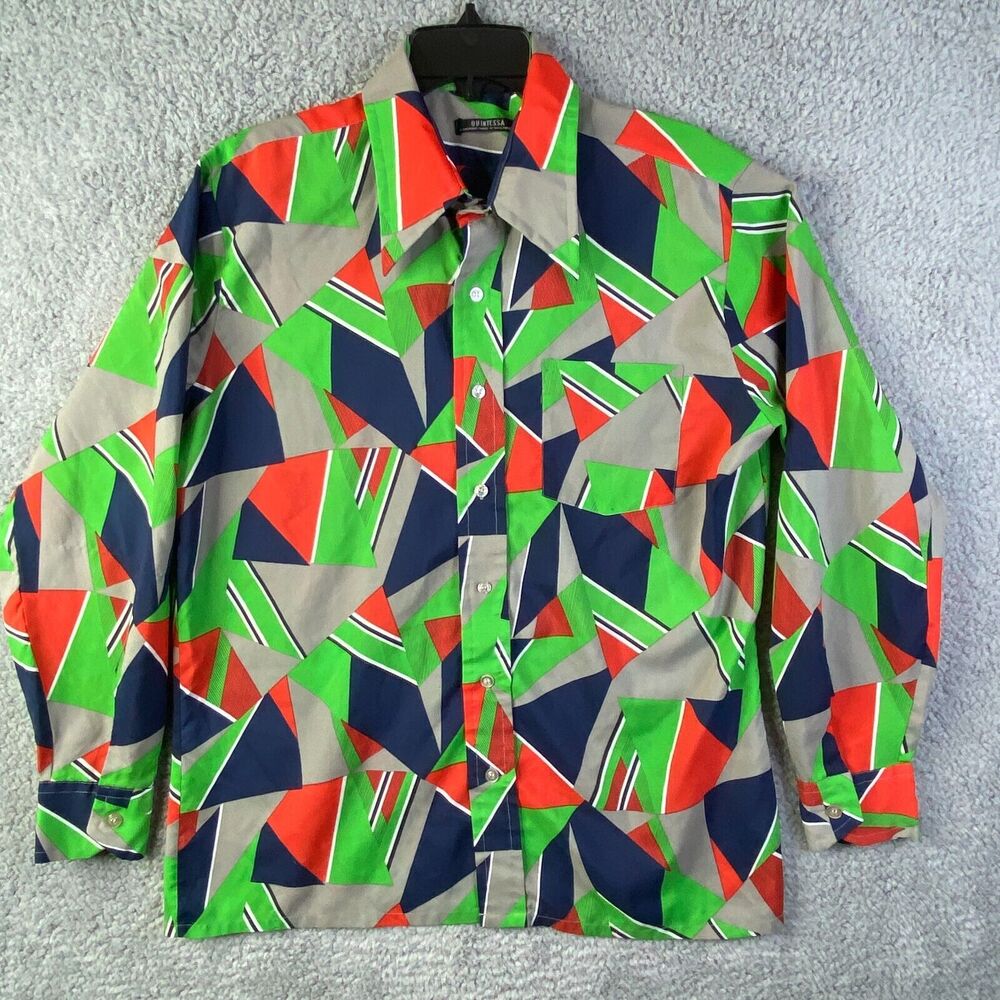 Media Quintessa Mens Shirt 100% Polyester Long Sleeve Size Large Vintage